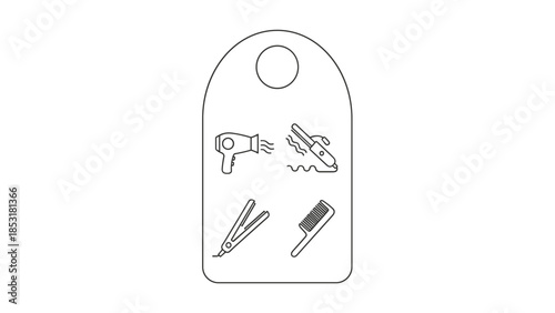 Line art on a tag-shaped outline showing a set of four hair styling tool icons: a hairdryer, crimper, straightener, and a comb.