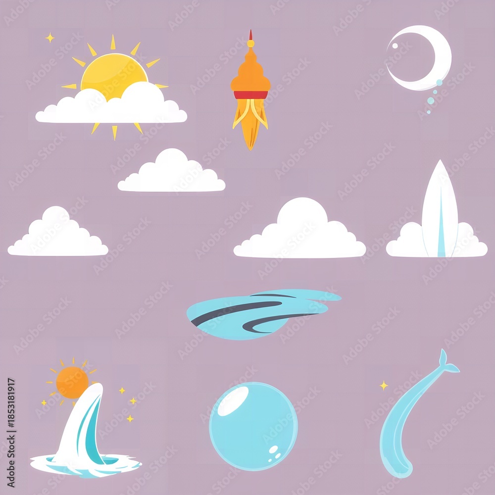 Naklejka premium Celestial bodies clouds water elements and abstract shapes on a muted lavender background