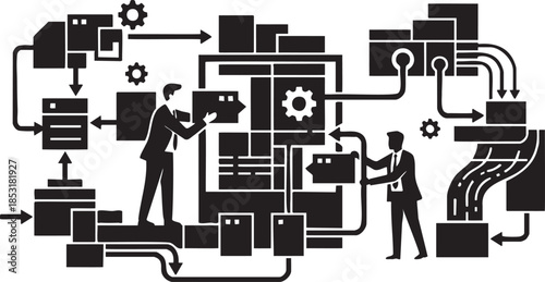 Black and white vector illustration of business people interacting with a complex system of machines and pipes