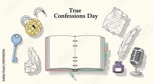 True Confessions Day illustration with diary and vintage writing accessories.