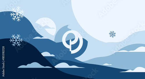 Winter landscape with snowy mountains and clouds.