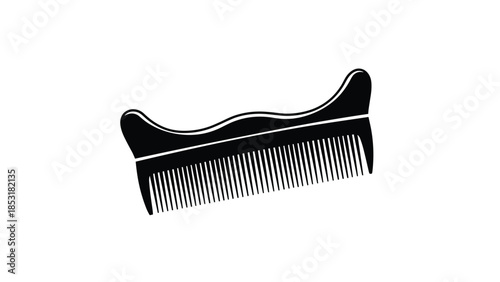 A black silhouette icon of a uniquely shaped styling comb or beard comb, featuring a curved handle for an ergonomic grip.