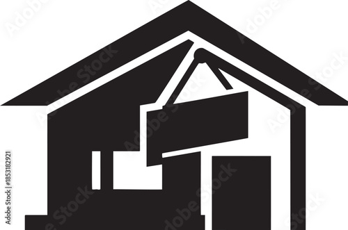 Black silhouette of a house with a hanging sign and a door home building