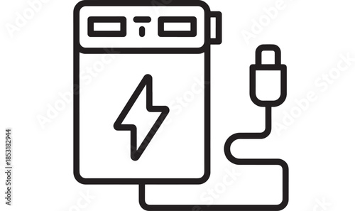 Black power bank with charging cable lightning bolt on transparent background silhouette