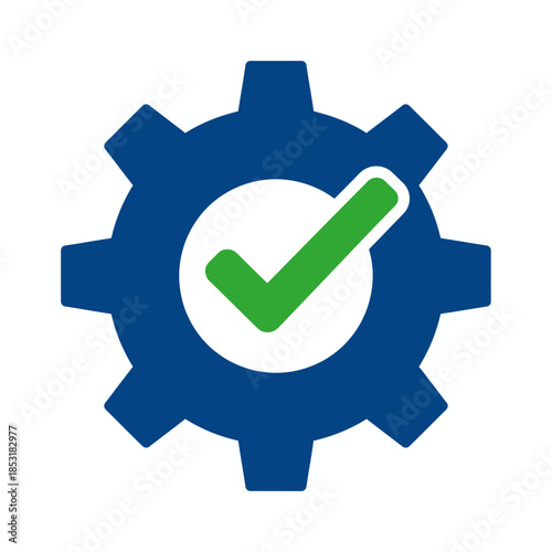 A blue cogwheel with a green checkmark inside, representing a successfully completed task or process