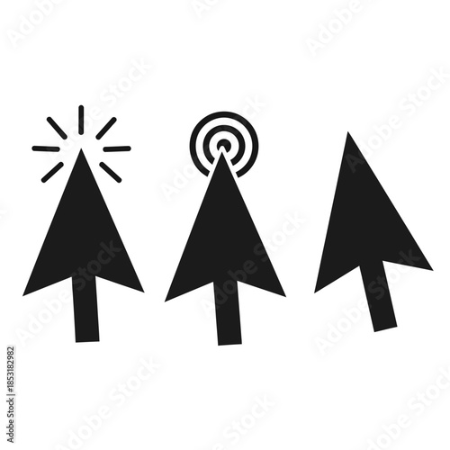 Collection of black arrow cursor vector icons representing various states of mouse clicks, digital navigation, and interactive pointer selections for modern user interface design