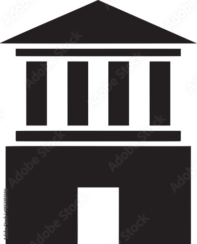 Black vector graphic of a classical building with columns and a triangular roof architecture Greek