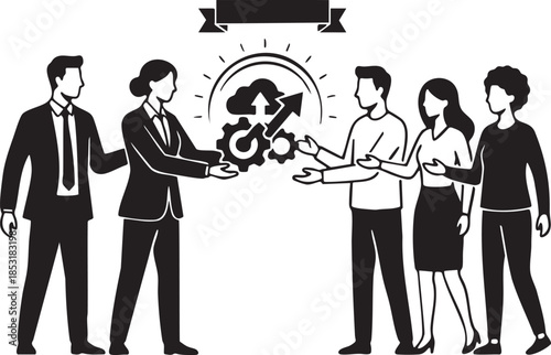 Business people exchange cloud data with gears and upward arrow symbol group team