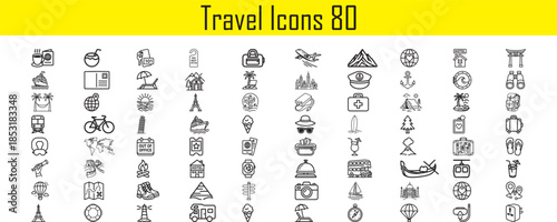 Collection of Travel and Leisure Icons in a Grid Layout