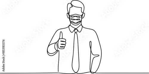 One single line drawing a male office worker wearing mask giving thumbs up sign. Medical health care service excellence concept.one line vector illustration with out background