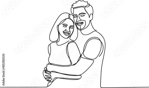 Portrait of happy сouple in continuous line art drawing style. Man in love put his arms around girlfriend.one line vector illustration with out background