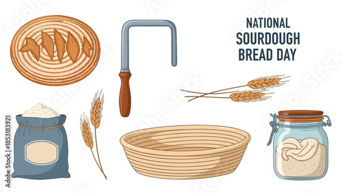 Sourdough bread ingredients and baking tools for National Sourdough Bread Day.