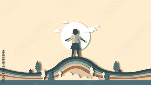 Woman standing on a hill with outstretched arms facing the sun.