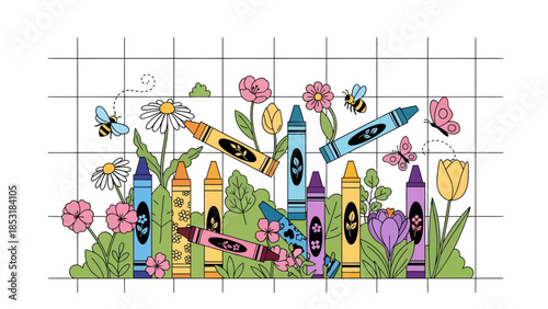 Colorful crayons and flowers in a vibrant garden scene with bees and butterflies.
