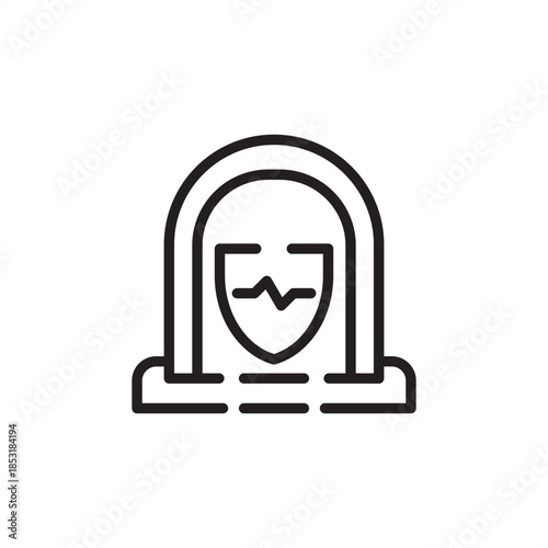 Minimalist line art icon representing health insurance and medical protection. Features a shield with a heartbeat pulse inside a secure vault or arch. Ideal for healthcare safety and life insurance.