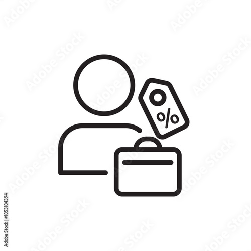 Minimalist line art icon representing a professional buyer or discount business deal. Features a person, briefcase, and percentage price tag. Ideal for retail career, sales representative, or B2B.