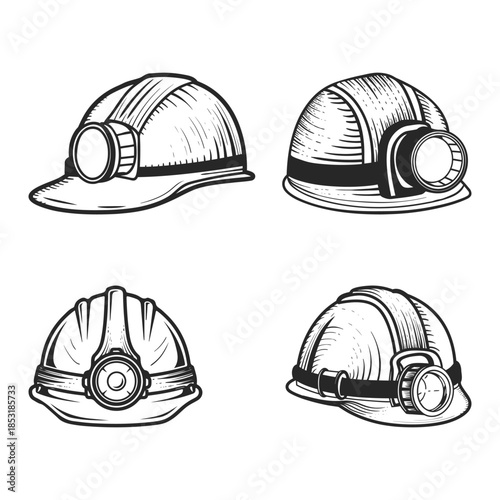 Set of miner helmets with headlamps various angles vintage style illustration collection