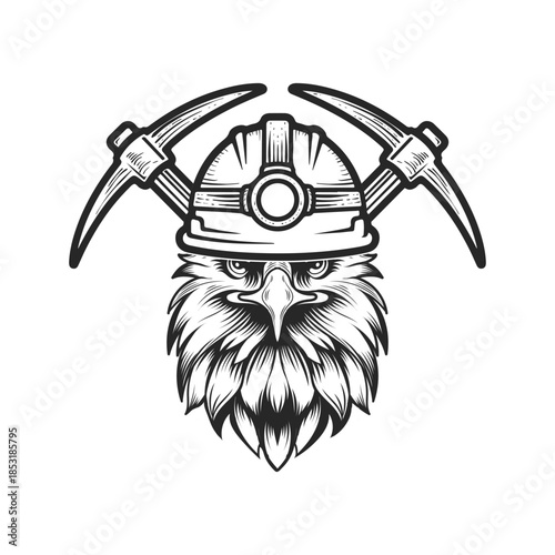 Eagle head wearing miner helmet with crossed pickaxes mining emblem vintage illustration