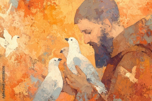 Saint Francis of Assisi holding white doves, impressionist painting, warm tones, religious art concept