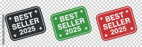 three isolated best seller stickers with the year 2025 displayed in black green and red colors on a transparent background