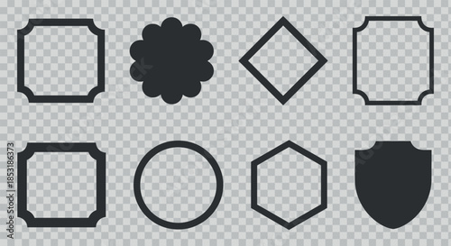 a collection of various black frame shapes presented on a transparent background including floral geometric and shield designs for creative projects