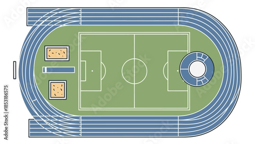 Vector illustration of a professional green grass soccer football pitch with a ball and goal lines for a sports stadium championship game strategy