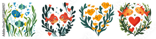 World Vegetarian Day Fish swimming around seaweed hearts flat vector with white background in graphics design vector style