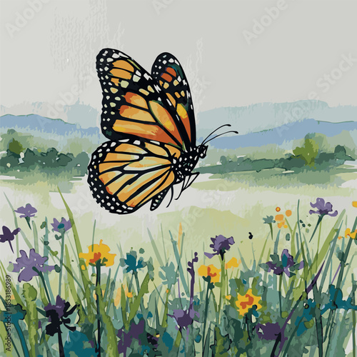 create on Artistic watercolor painting drawing of beautiful butterfly flying over flower fields