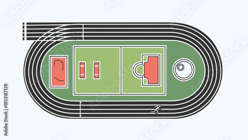 Top-down view of a standard athletic stadium with a running track and field events area.