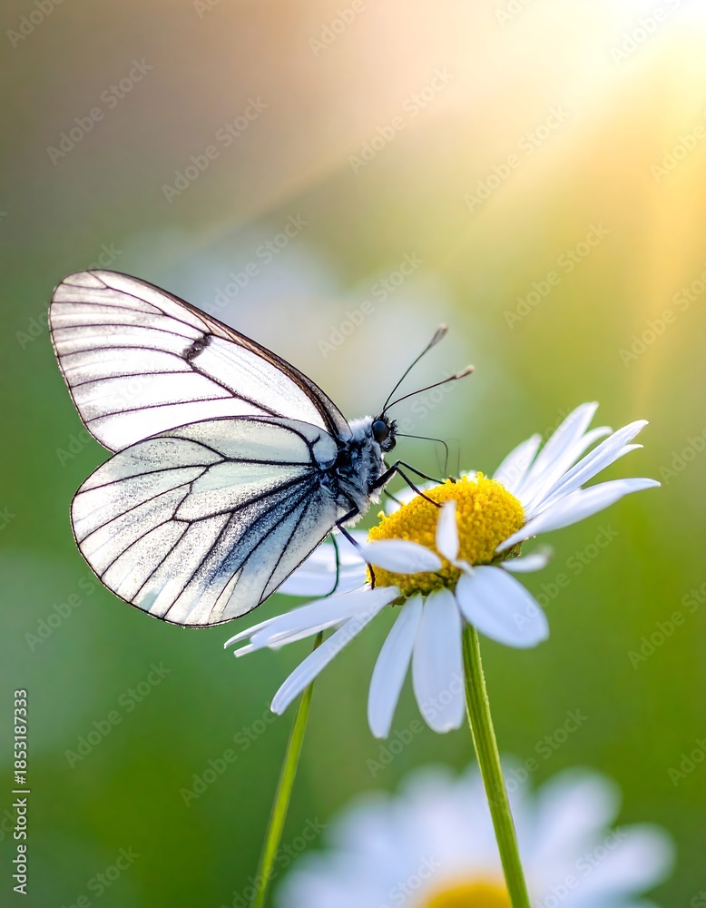 Fototapeta premium Butterfly alights gently on a daisy, bathed in golden sunlight