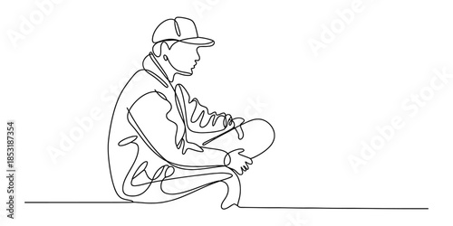 A single continuous line drawing of a person sitting and holding a skateboard Vector, illustration