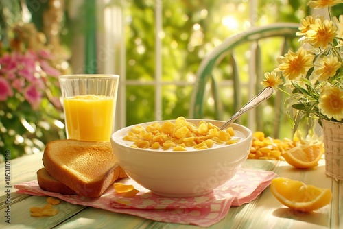 Sunny Breakfast with Cereal and Flowers