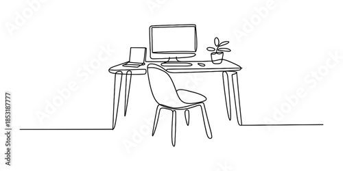 Continuous line drawing of a modern office desk and chair setup with computer Vector, illustration