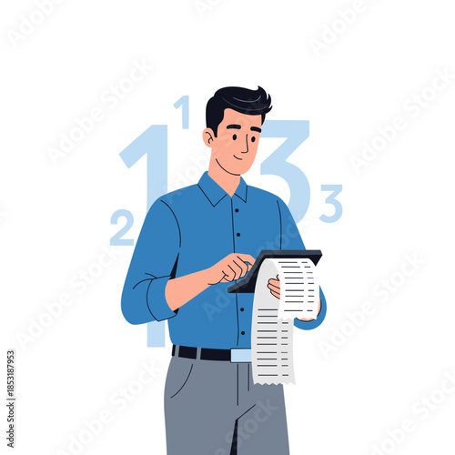 Young caucasian male accountant reviewing receipts with calculator