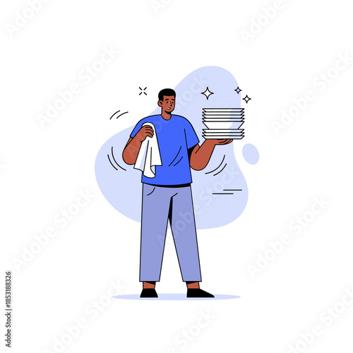 African male adult washing dishes with towel and stacked plates
