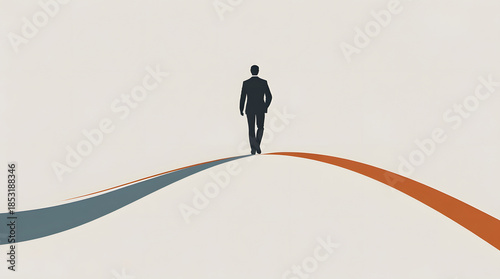 Minimalist Businessman Silhouette Walking on a Rising Curve Path: Concept for Career Journey, Future Success, and Long-Term Strategic Growth