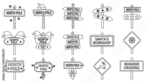 Collection of festive North Pole direction signs, featuring Santa's workshop, reindeer crossing, and snowflake symbols, perfect for holiday decorations and winter-themed designs