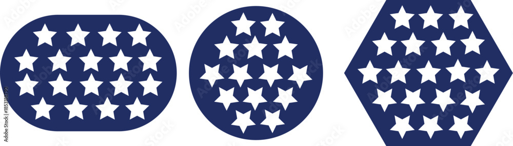 Obraz premium Vector art of three blue shapes filled with white stars oval, circle, and diamond, representing american theme, patriotic star clusters
