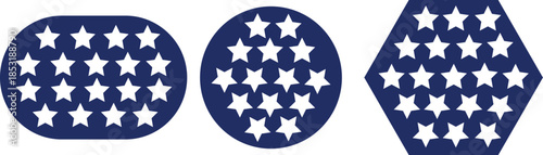Vector art of three blue shapes filled with white stars oval, circle, and diamond, representing american theme, patriotic star clusters