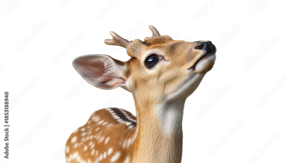 Obraz premium Close-up profile portrait of young spotted deer looking upwards isolated PNG with Transparent Background