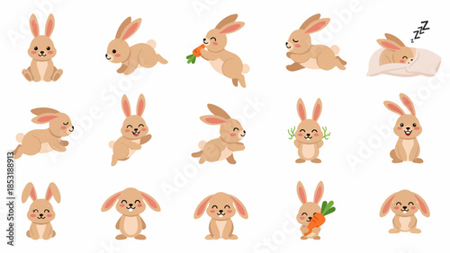 Cute Bunny Rabbit Vector Illustrations Set Action Poses, Eating Carrot, Sleeping