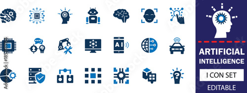 artificial intelligence  icon set - solid icon collection illustration design. Artificial intelligence enables machines to learn, reason, adapt, and assist humans by mimicking intelligent behavior.