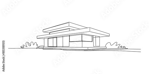 Modern flat-roofed house design with minimalist landscaping Vector, illustration