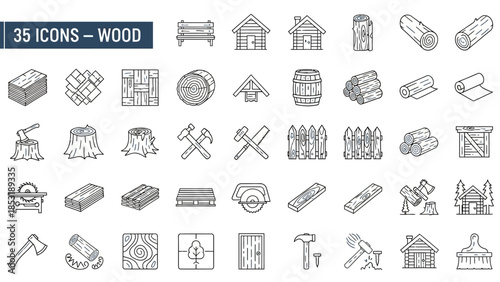 Line art vector icons for wood and woodworking. Essential tools, timber, planks, wooden structures, and outdoor items included for forestry, construction, and sustainable design projects