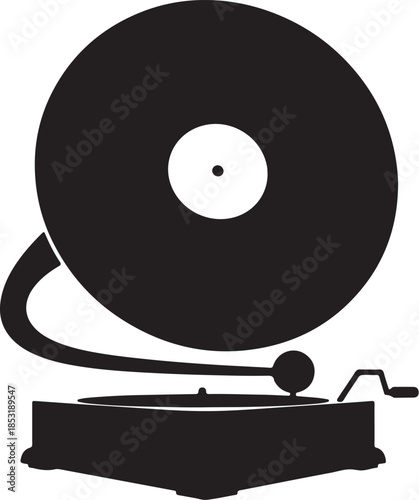 Black vinyl record playing on a vintage turntable with a stylus and sound wave also transparent background