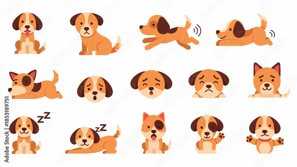Obraz premium Cute Dog Expressions Set Happy, Sad, Sleeping, Playing Puppy Icons
