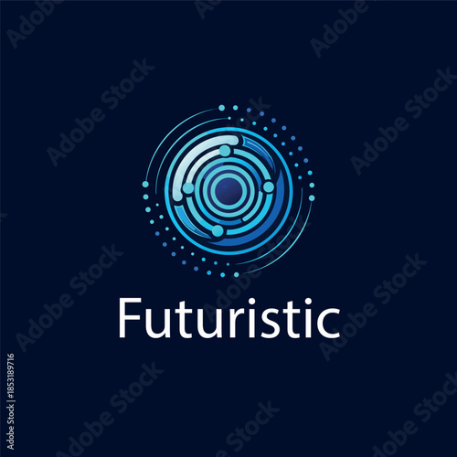 Abstract blue spiral made of glowing circular lines and dots on a dark navy background, modern futuristic tech style