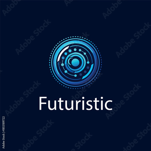 Abstract blue spiral made of glowing circular lines and dots on a dark navy background, modern futuristic tech style