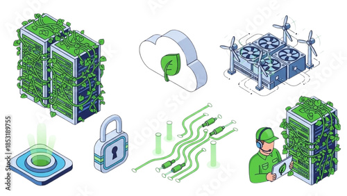 Secure Cloud Data Center Infrastructure with Cybersecurity and Server Management Illustration