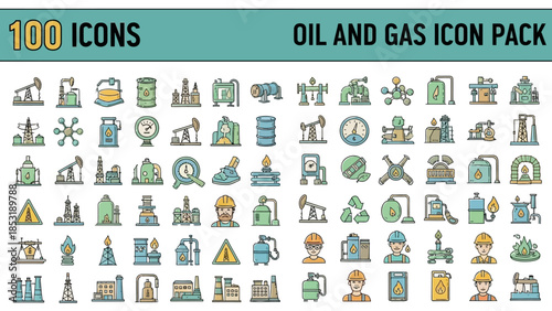 Essential Vector Icon Pack Featuring Oil and Gas Industry Elements, from Drilling and Pipelines to Refineries and Energy Logistics in a Clean Flat Line Art Style